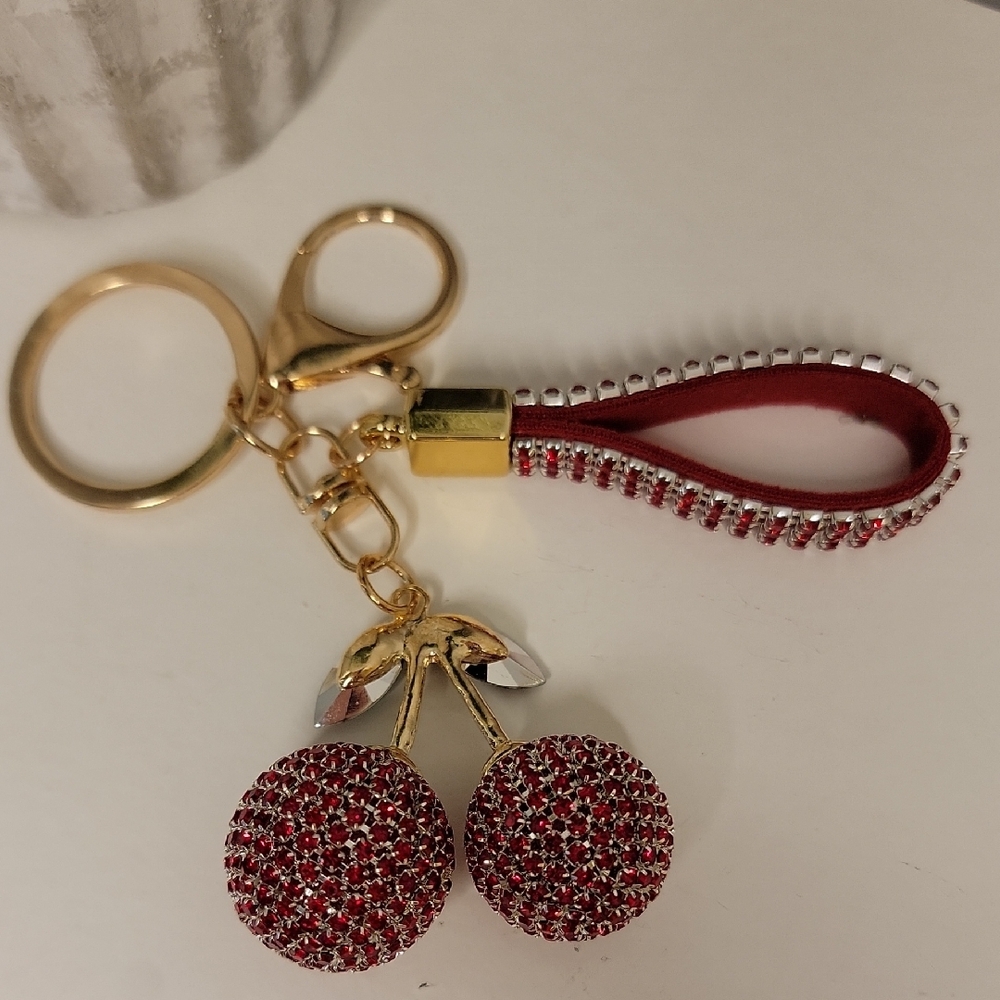 Cherry Red Rhinestone Keychain Bag Charm - Picture 6 of 8